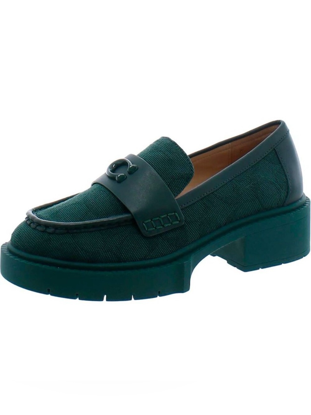 Coach Womens Leah Green Canvas Lug Sole Slip On Loafer Heels Shoes 8